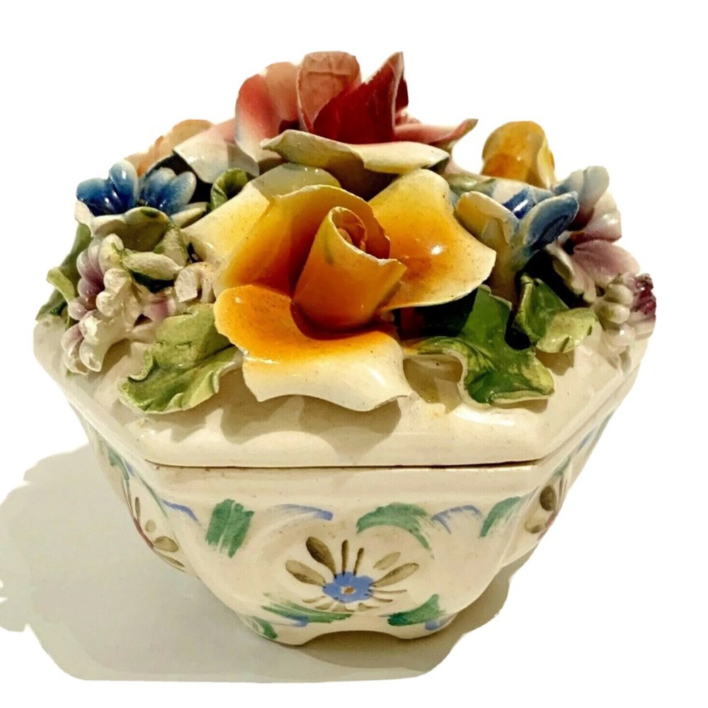 Vintage Italian Pottery Ceramic Multicolor Flower Trinket Dish Storage Container